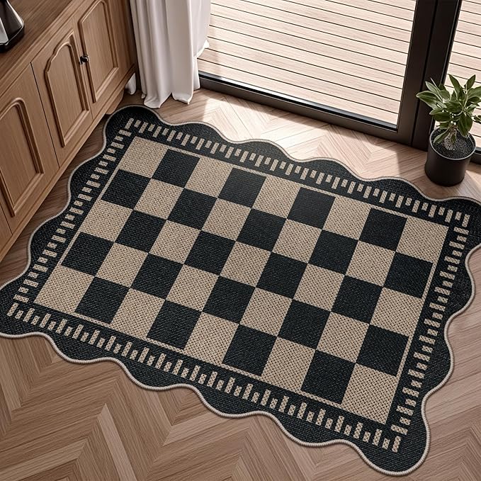Checkered Easy Jute Entryway Rug, 2x3 Washable Non Slip Kitchen Rug, Indoor