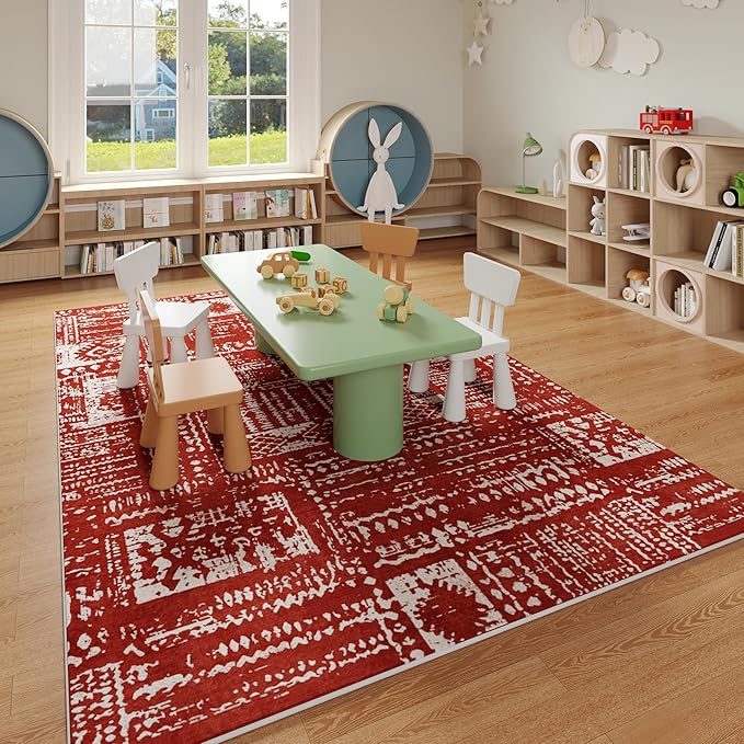 Living Room Rug 6x9 Rug Machine Washable Boho Area Rug Non Slip Moroccan Vintage Low Pile Large Rug for Living Room, Bedroom, Farmhouse, Dining Room, Kids Playroom(Terracotta)