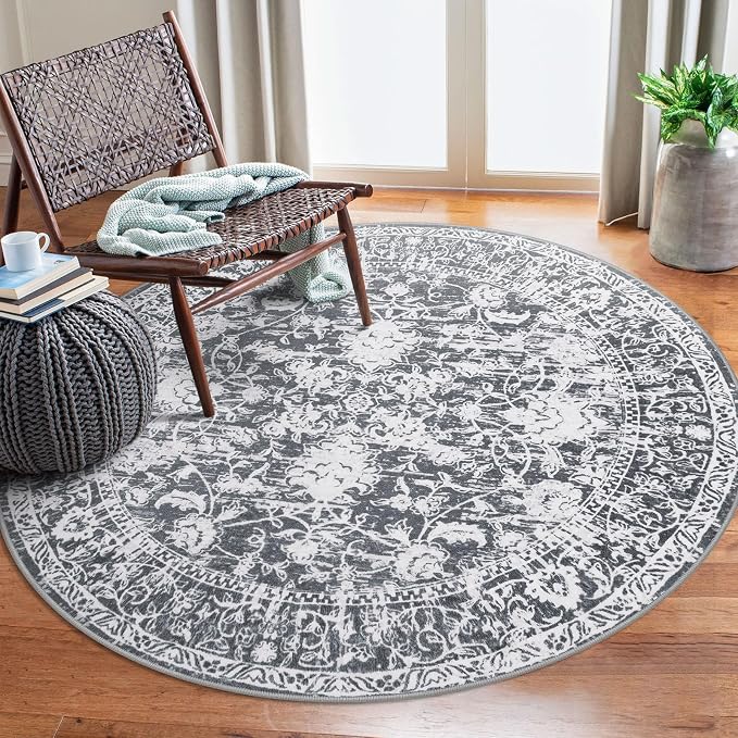 KILOCOCO Area Rug 5ft Round Living Room Rug Washable Printed Vintage Floral