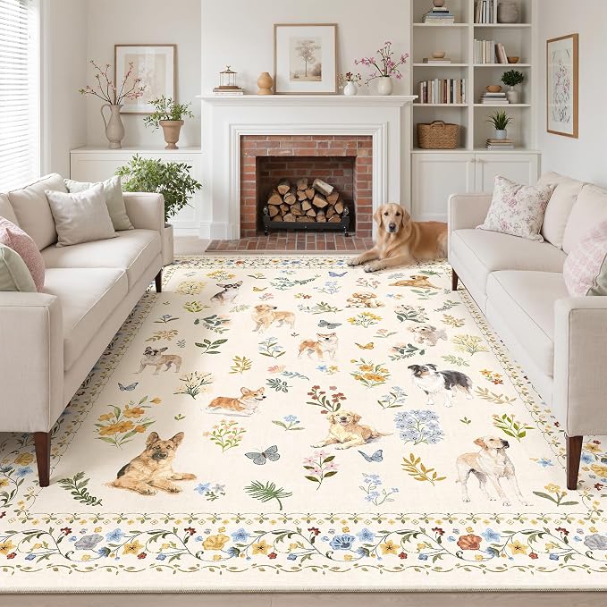 Soalmost Dog 8x10 Area Rugs for Living Room, Machine Washable Animal Floral