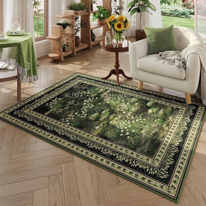 3x5 Washable Rug Impressionist-Style Vintage Non Slip Low Pile Small Carpet for Bedroom Bedside Kitchen Entryway Kids Room Office College Dorm Essentials for Girls, Green