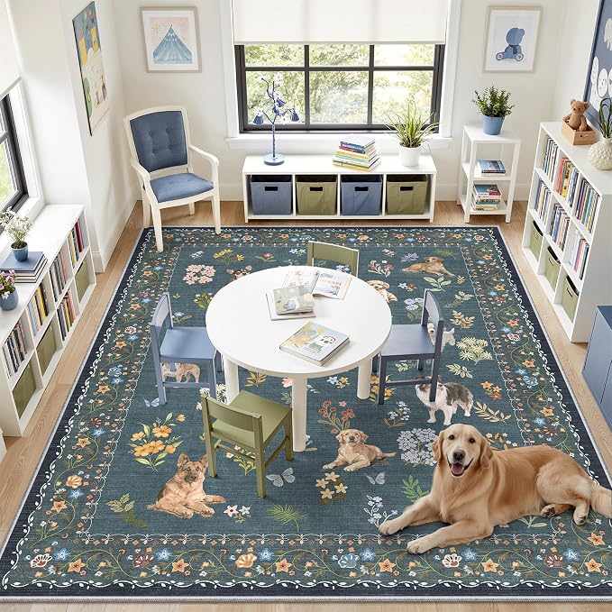 Soalmost Dog 8x10 Area Rugs for Living Room, Machine Washable Animal Floral