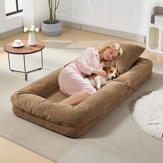 GarveeHome Human Dog Bed for Adult, Comfy Lazy Sofa Bed with 2 Pillows & 5 Adjustable Position, Chenille Upholstered Lounge Chair for Living Room Bedroom Brown