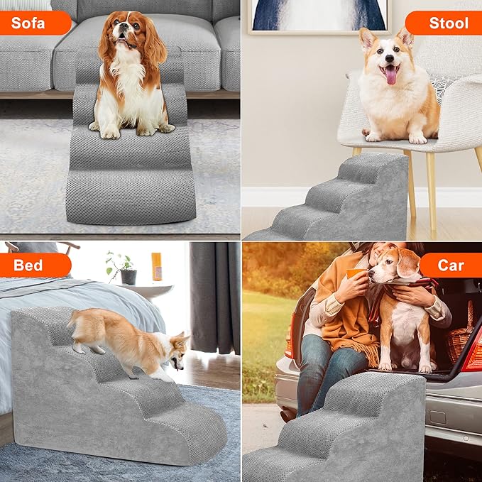 Dog Stairs for Small Dogs, High Density Foam Dog Steps, Extra Wide Non-Slip Pet Ramp for High Beds Or Couch, Soft Doggie Ladder for Dogs Injured, Older Pets, Small Cats (Fleece-Gray, 4 Steps)