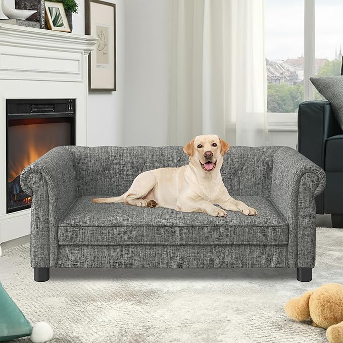 Dog Sofa Couch for Medium to Large Dogs, Memory Foam Pet Sofa Couch with Washable Fabric, Durable Elevated Dog Bed with Legs, Removable Cushion for Medium and Large Dogs, Light Gray