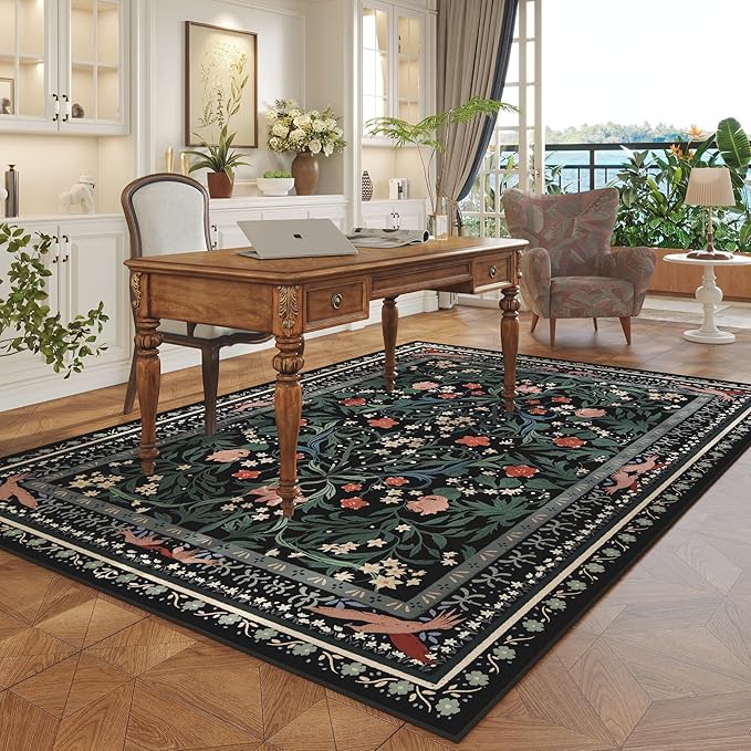 5x7 Washable Rug Vintage Floral Botanical Area Rug Non Slip Low Pile Large Rugs for Living Room, Bedroom, Farmhouse, Dining Room, Kids Playroom, Black