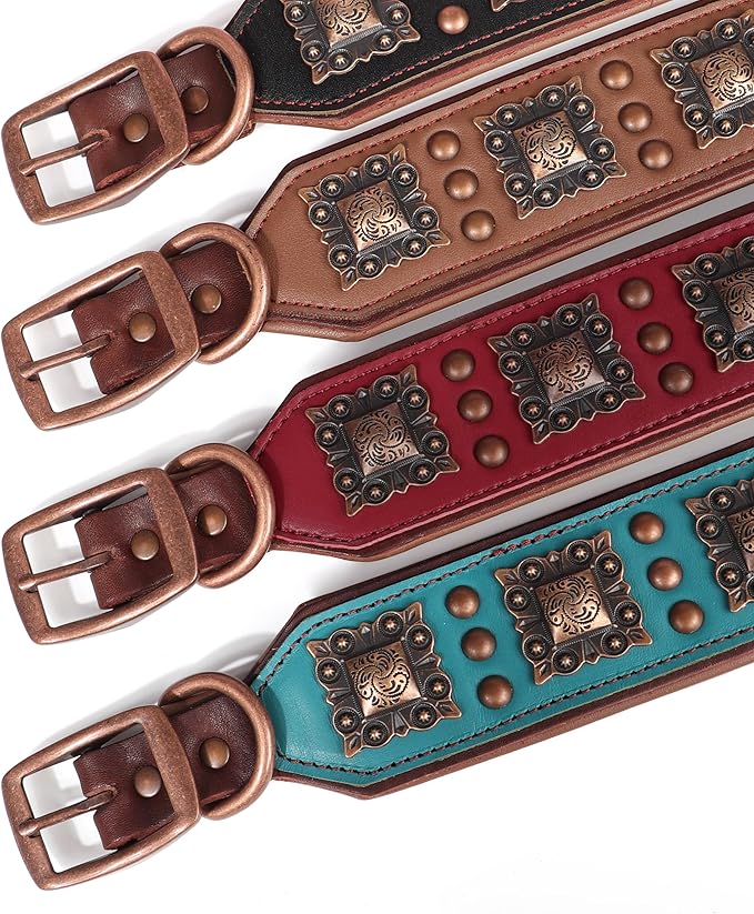 PET ARTIST Soft Padded Leather Dog Collar, 2 inch Wide Genuine Leather Dog Collars with Stylish Studded Rivet & Metal Buckle, Luxury & Adjustable Pet Collars for Medium Dogs,Black,Neck 16-19"