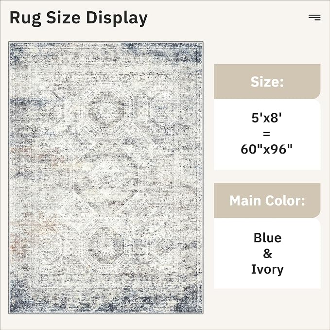 Soalmost 5x8 Area Rugs Blue Ivory Low Pile Indoor Washable Trendy Faded Style