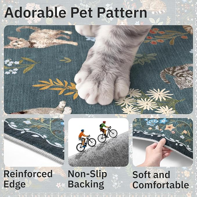 Soalmost Cat 5x7 Area Rugs for Living Room, Machine Washable Animal Floral