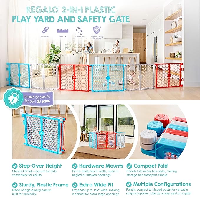 Regalo Safety 192-Inch Super Wide Baby Gate and Play Yard, 2-in-1 Convertible Plastic Baby Gate, Extra Wide Safety Barrier, Hardware Mounted, Adjustable Panels for Openings, Ages 6–24 Months