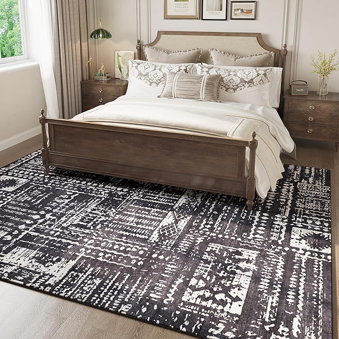 Area Rugs 8x10 Rug for Living Room Clearance Washable Boho Area Rug Non Slip Moroccan Vintage Low Pile Large Rug for Living Room, Bedroom, Farmhouse, Dining Room, Kids Playroom(Black)