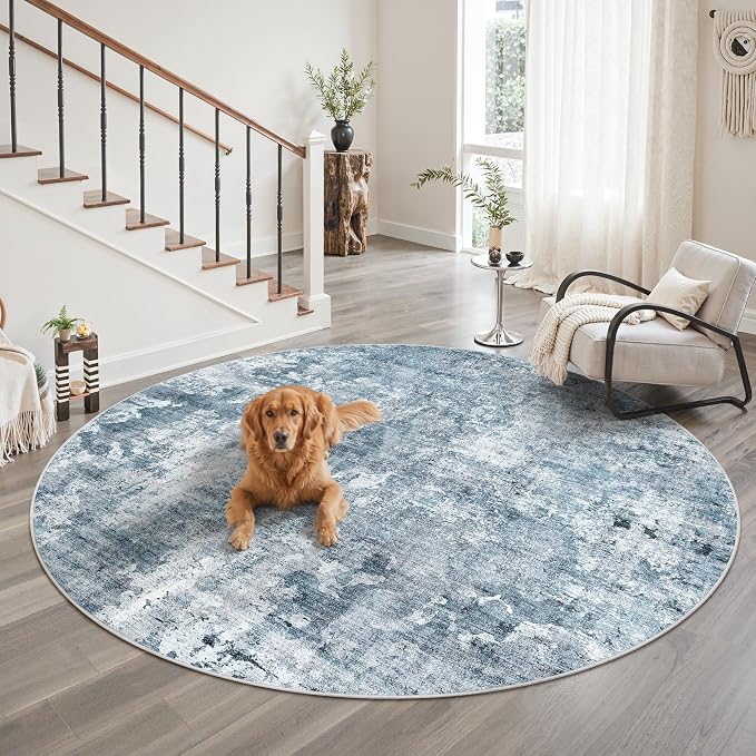 Soalmost 9x9 Blue/Grey Round Rug 9ft Living Room Circle Rug Vintage Round Area