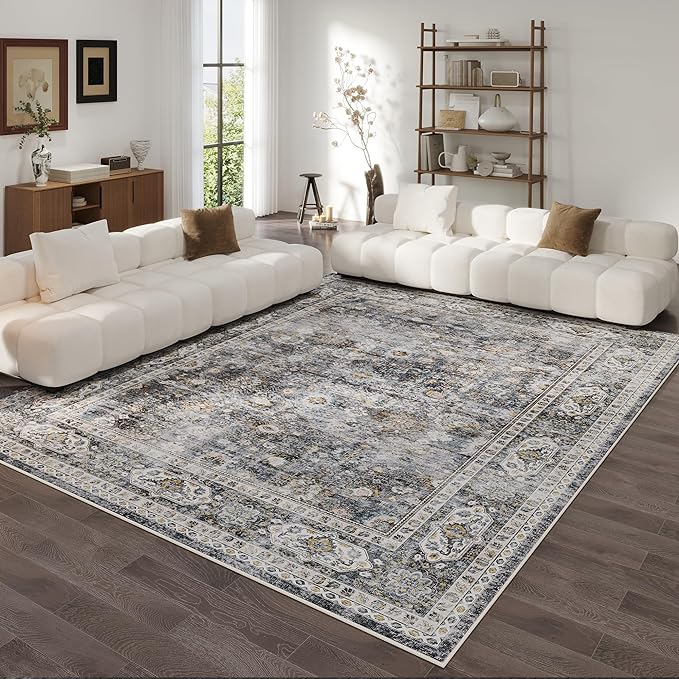 Rugcomf 9x12 Rug Washable Boho Soft Large Area Rug Non-Slip Faux Wool Vintage