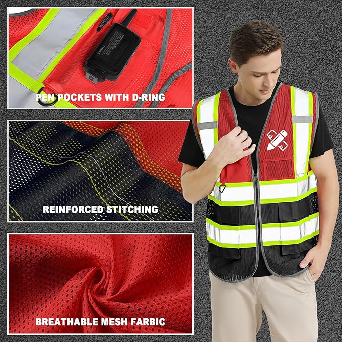 10 Pack Custom Safety Vest Customized Logo Mesh Vest Class 2 High Visibility Reflective Vest with Pockets Workwear（Red Black，XXL ）
