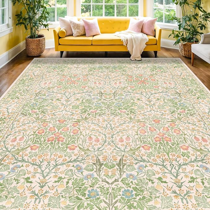 Vintage Washable Beige Green 10x14 Rug
