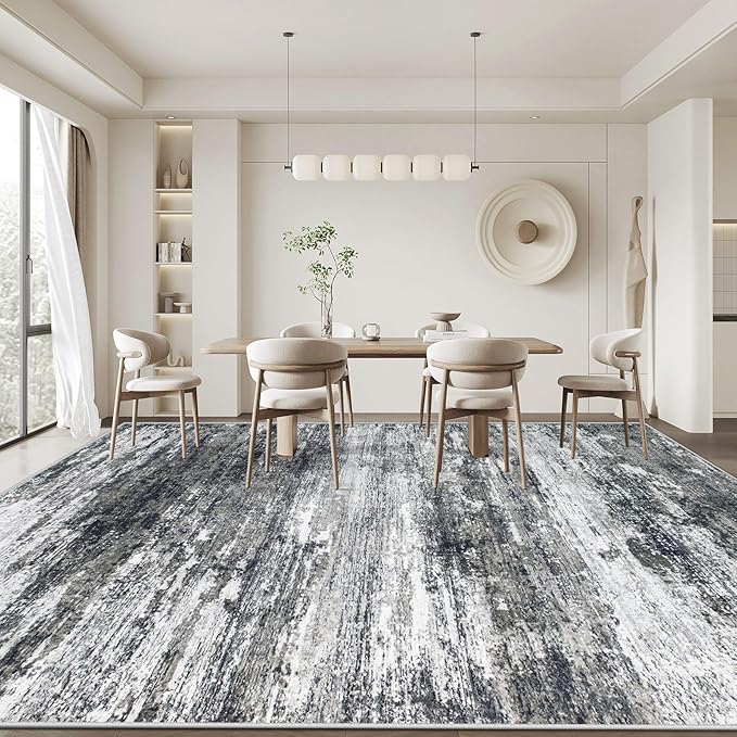 Washable Rug 8x10 Area Rugs for Living Room: Large Neutral Soft Rug Abstract Non Slip Low Pile Modern Carpet for Bedroom Kitchen Nursery Office Dining Room Indoor (Black, 8'x10')