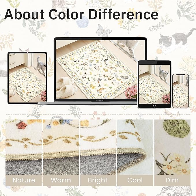 Soalmost Cat 6x9 Area Rugs for Living Room, Machine Washable Animal Floral