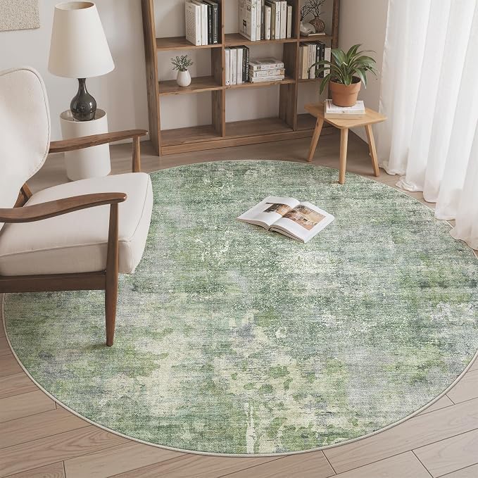 Soalmost 5x5 Green/Ivory Round Rug 5ft Living Room Circle Rug Vintage Round