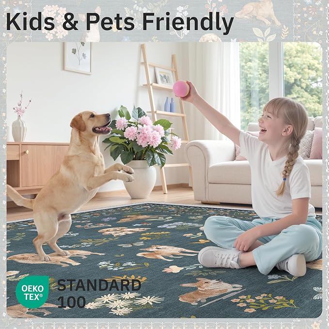 Soalmost Dog 8x10 Area Rugs for Living Room, Machine Washable Animal Floral