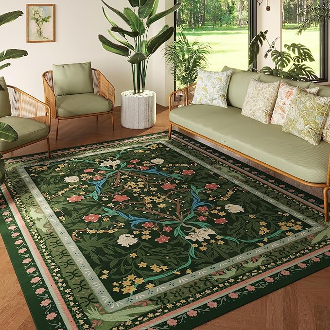 Area Rugs 8x10 for Living Room Clearance Washable Vintage Floral Botanical Rug Non Slip Low Pile Large Rug for Bedroom, Farmhouse, Dining Room, Kids Playroom, Green