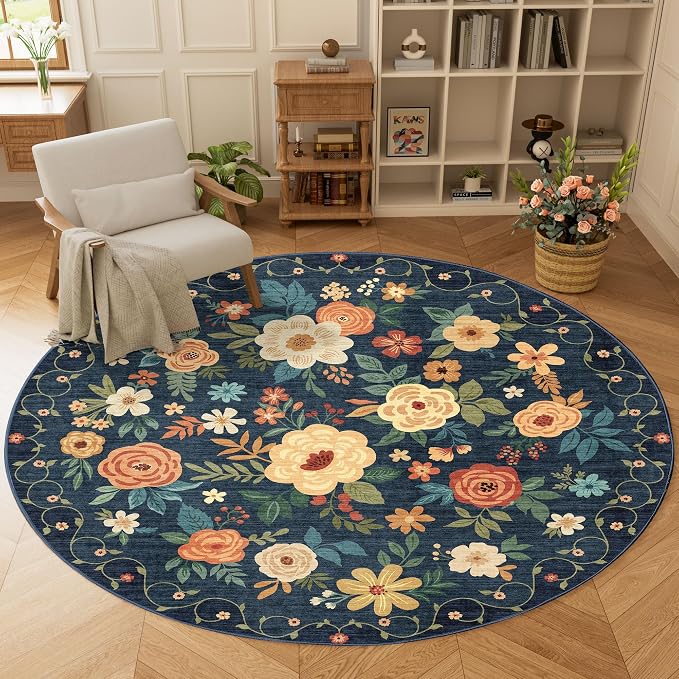 DUKINO Floral Round Rug, 6ft Washable Circle Rug, Non Slip Indoor Low Pile