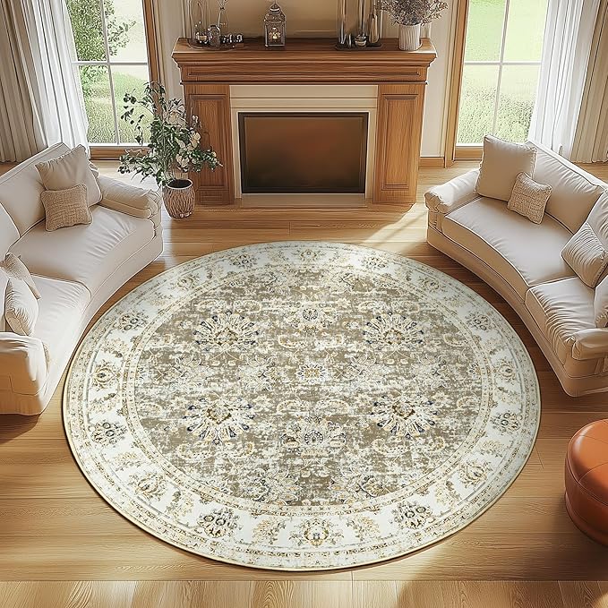 jinchan Round Rug 7ft Area Rugs - Vintage Floral Distressed Design Machine Washable Non-Slip Low-Pile Ultra-Thin Circle Rug for Living Room Dining Room Bedroom Home Office Farmhouse (7' Round,Taupe)