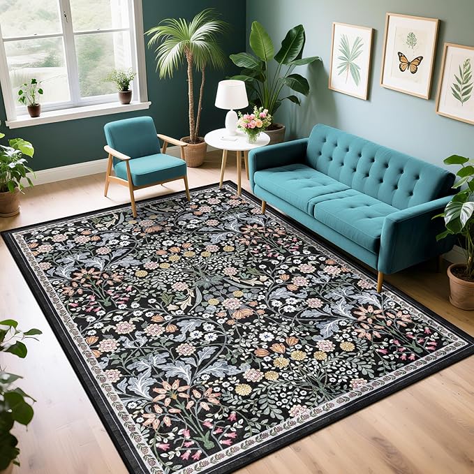 Area Rug Living Room Rugs: Floral 5x7 Washable Rug Vintage Soft Boho Non-Slip Carpet Indoor Stain Resistant Large Carpets for Bedroom Dining Room Farmhouse Nursery Hallway Home Office Dark Black