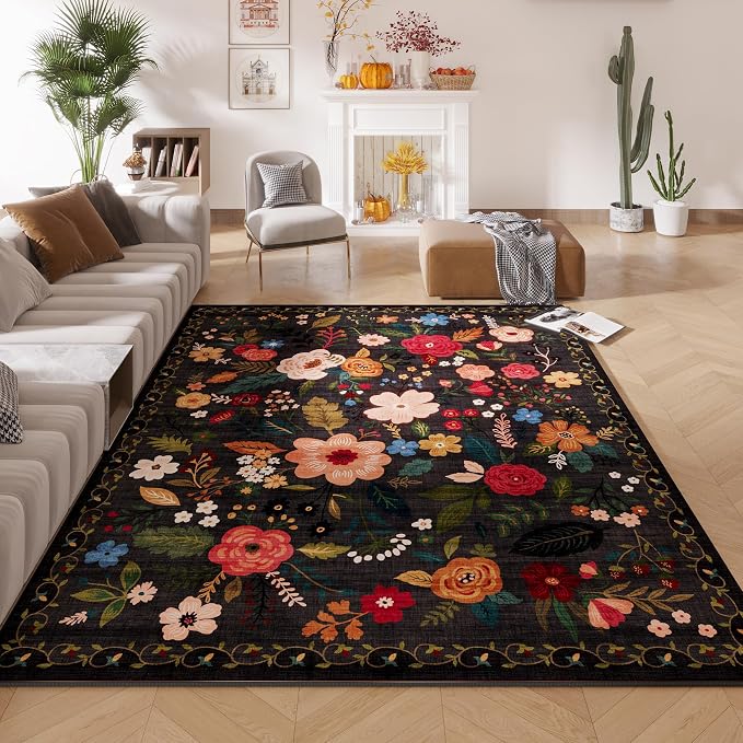 Rugcomf Living Room Rug 6x9 Rug Machine Washable Boho Area Rug Non Slip Floral