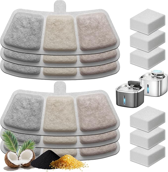 6+6 Packs Cat Water Fountain Filters Replacement - Compatible with oneisall PW03 PW04 Cat Fountain, Fits 3.5L/118oz Pet Water Fountains, with Pre-Filter Sponges