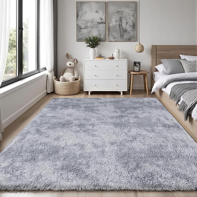 Area Rug for Living Room Bedroom: 6x9 Light Grey Soft Fluffy Shag Upgrade