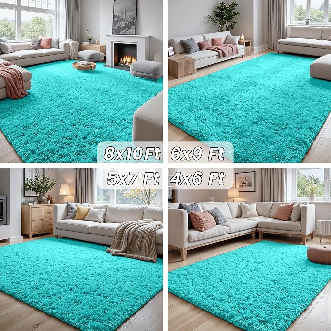 8x10 Area Rugs for Living Room Rug: Soft Fluffy Shag Teal Blue Rugs for Bedroom