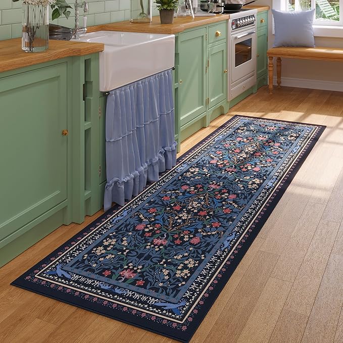 Runner Rug for Kitchen Rug Non Slip 2'x6' Washable Rugs with Rubber Backing Soft Vintage Floral Botanical Carpet Runner for Kitchen, Laundry, Bedroom, Bathroom, Blue