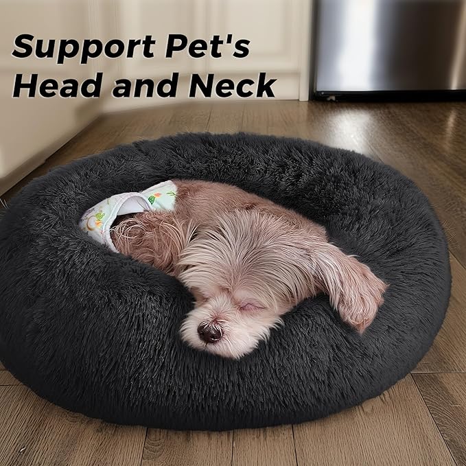 Calming Dog Bed & Cat Bed with Anti-Slip Bottom, Medium Size Washable Anti-Anxiety Donut Dog Beds for Small Dogs & Cats, Fluffy Plush Cozy Round Dogs Bed(24 Inch, Black)