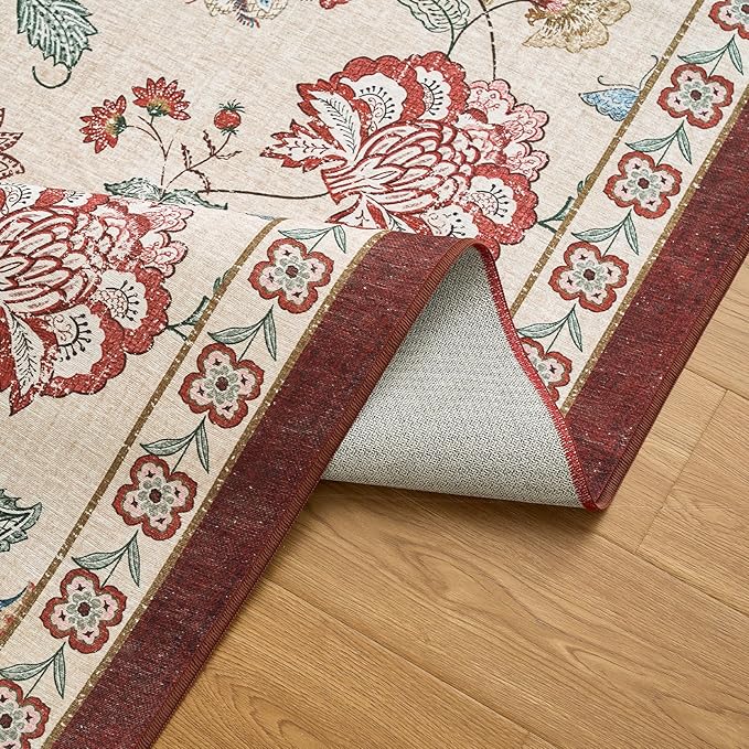 jinchan 5ft Floral Round Rug for Entryway Washable Kitchen Rug Vintage Romance Design Non Slip Indoor Doormat Lightweight Low-Profile Throw Carpet for Living Room Dining Room Bedroom, Red/Beige