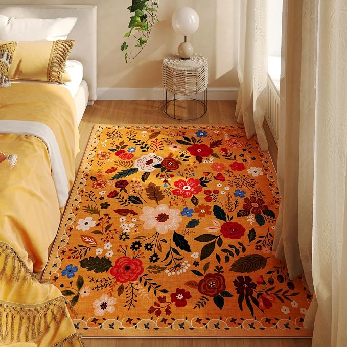 Rugcomf Area Rug 4x6 Rug Washable Boho Rugs Non Slip Low Pile Floral Small