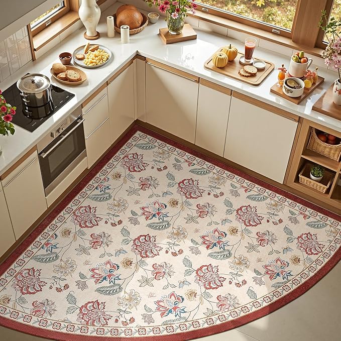 jinchan Floral Corner Rug for Living Room Washable Bedroom Rug Vintage Romance Design Non Slip Quarter Circle Lightweight Low-Pile Throw Carpet for Reading Nook Playroom,6ft Radius, Red/Beige