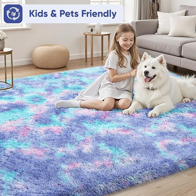 Rainbow Fluffy Rugs for Girls Bedroom: 9x12 Large Shag High Pile Area Rug