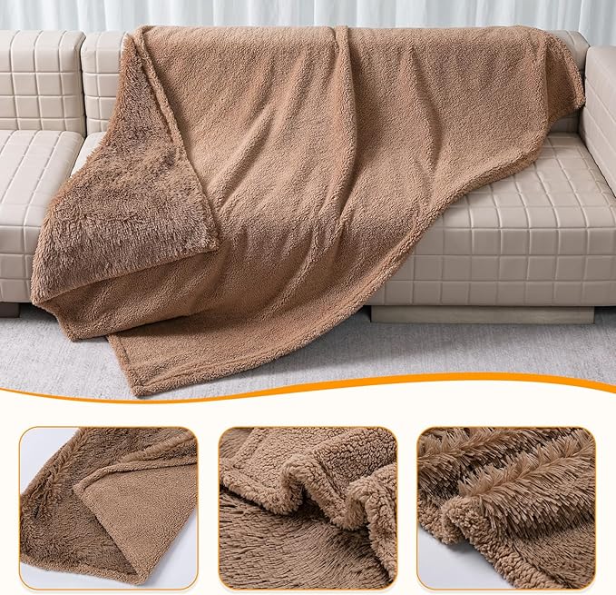 Waterproof Dog Blanket Brown Fluffy Long Faux Fur Pet Throw Blankets 28x20in for Couch Love Bed Cover Washable(Brown,XS)