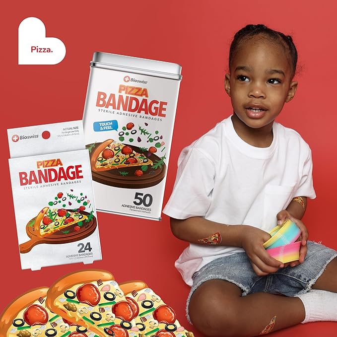BioSwiss Bandages, Pizza Shaped Self Adhesive Bandage, Latex Free Sterile Wound Care, Fun First Aid Kit Supplies for Kids, 24 Count