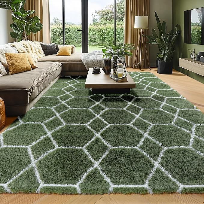 ONASAR 5x7 Area Rugs for Living Room Bedroom, Washable Fluffy Olive Green and White Throw Rug, Geometric Boho Soft Plush Shaggy Floor Carpet for Nursery Kids Girls Boys Teen Dorm Home Decor