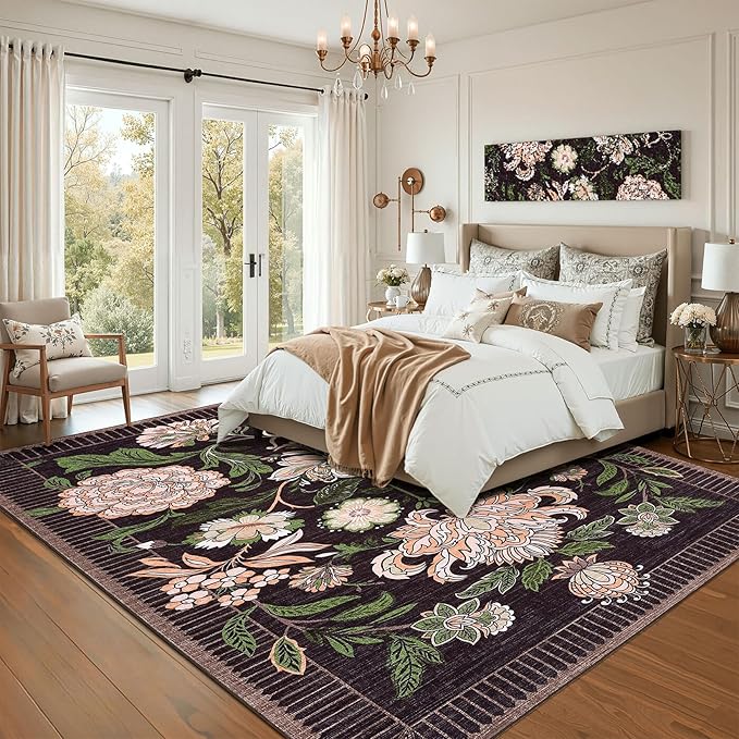 GarveeHome Plum Pink Floral Botanical Washable 8x10 Area Rug for Living Room Soft Black Purple Vintage Boho Cottage Large Rugs Low Pile Carpet for Bedroom Dining Nursery Rug