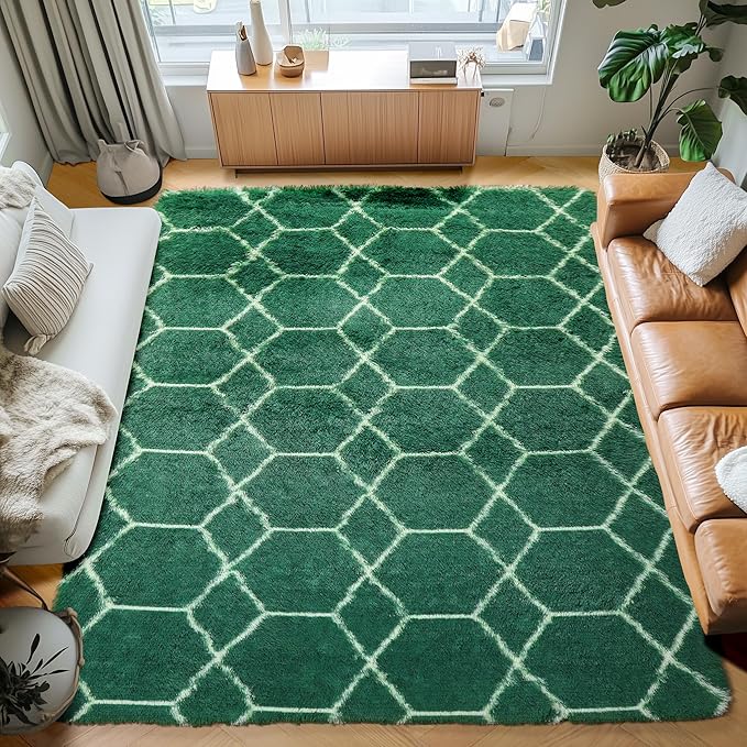 ONASAR Area Rugs for Living Room Bedroom, 5x8 Washable Fluffy Dark Green and White Rug, Geometric Boho Soft Plush Shaggy Fuzzy Floor Carpet for Nursery Kids Girls Boys Teen Dorm Home Decor Aesthetic