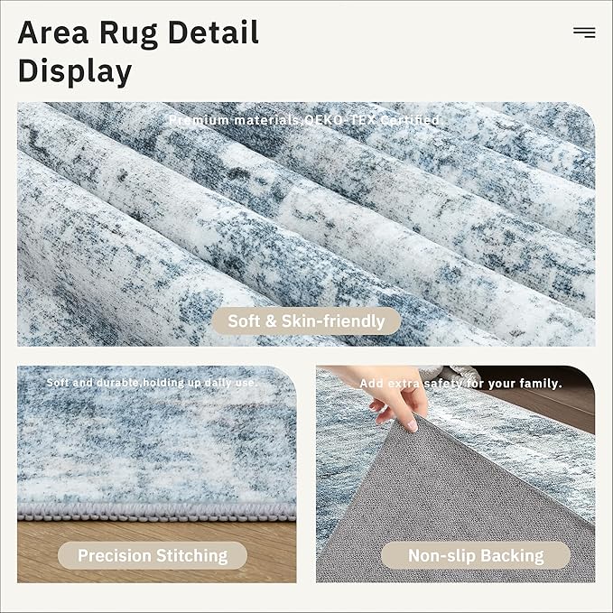 Soalmost 12x15 Washable Area Rug Blue/Grey Neutral Abstract Living Room Large