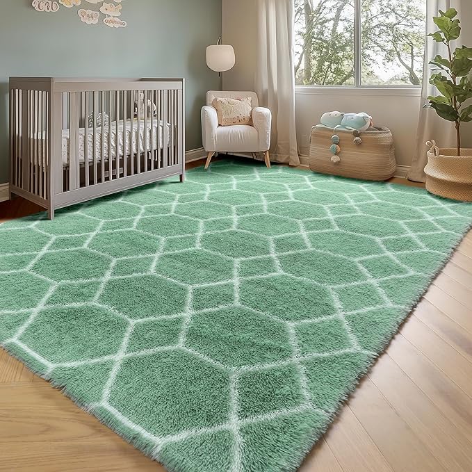 ONASAR Rugs for Living Room Bedroom, 5x8 Washable Fluffy Sage Green and White Area Rug, Geometric Boho Soft Plush Shaggy Floor Carpets for Nursery Kids Girls Boys Teen Dorm Home Decor Aesthetic