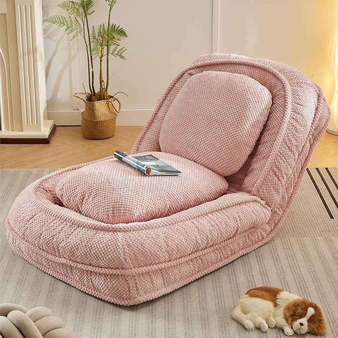 Human Dog Bed for Adult and Kids, Comfy Foldable Lazy Floor Sofa Bed with 5 Adjustable Position, Pink Upholstered Floor Bean Bag Lounger Chair for Bedroom, Living Room,Office (Pink.)