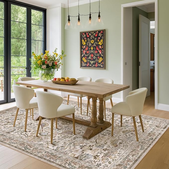 Moss Washable Living Room Rug, 7x10 Floral Area Rug
