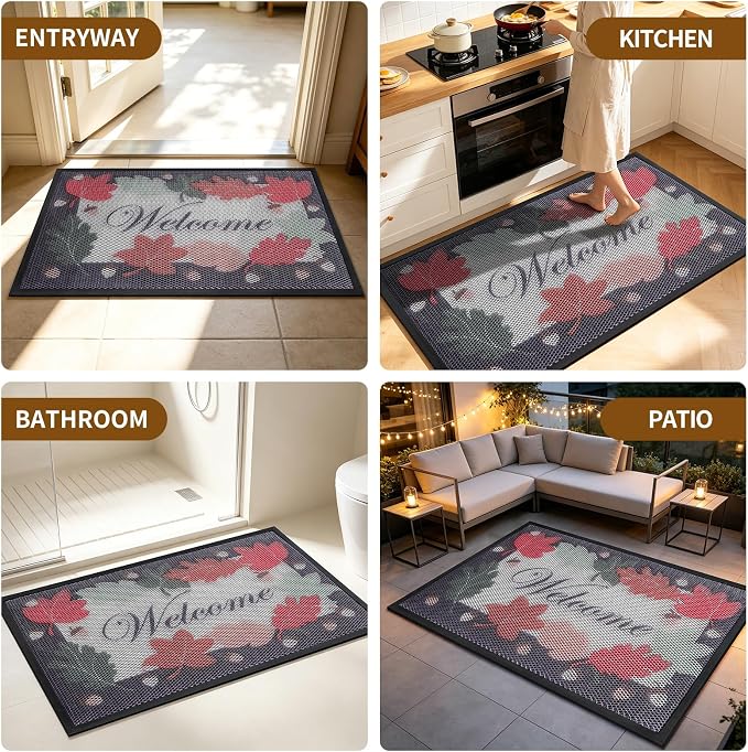 Front Door Mat, Heavy Duty Non-Slip Rubber Dirt Trapper, Quick-Dry Low-Profile