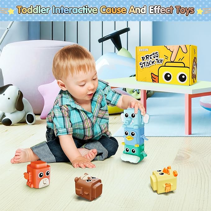 Stacking Toys Set for Toddlers 18+ Months, 6 in 1 Infant Sensory Toys with Changing Expressions, Pressable Animal Stacking Blocks, Christmas Birthday Gifts for 1 2 3 4 Years Old Baby Boys Girls