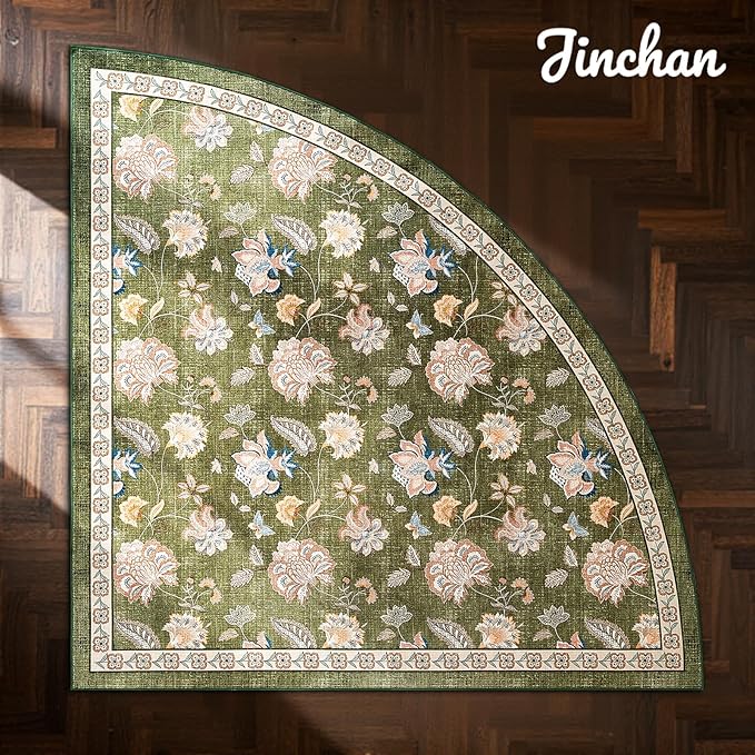 jinchan Floral Corner Rug for Living Room Washable Bedroom Rug Vintage Romance Design Non Slip Quarter Circle Lightweight Low-Pile Throw Carpet for Reading Nook Playroom,8ft Radius, Green