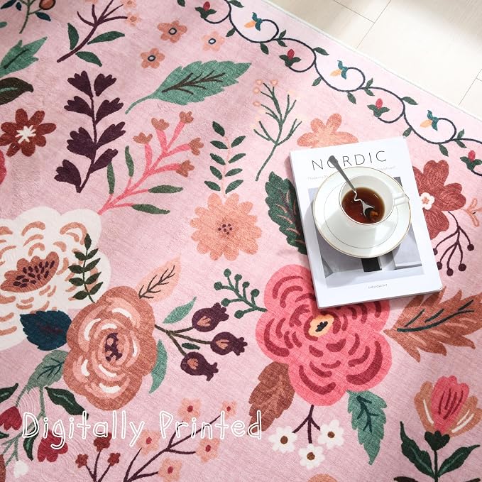 Rugcomf Bedroom Rug 3x5 Rug Washable Area Rug Non Slip Low Pile Boho Floral